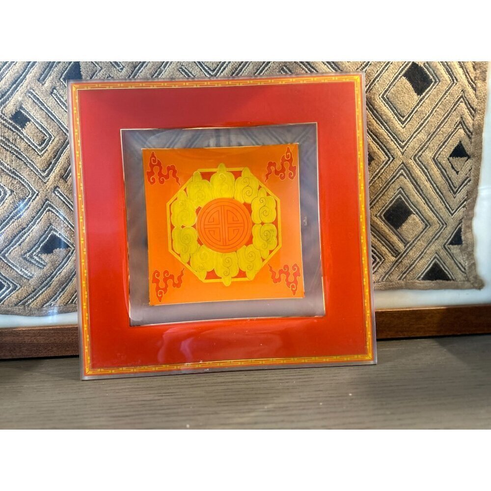 ROSENTHAL GLASS DISH CHINESE YUN CLOUDS & LONGEVITY SYMBOL ORANGE YELLOW